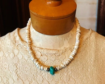 Vintage Puka Shell Necklace: Turquoise Nugget, Sterling Silver Beads, 1970s Beach Jewelry