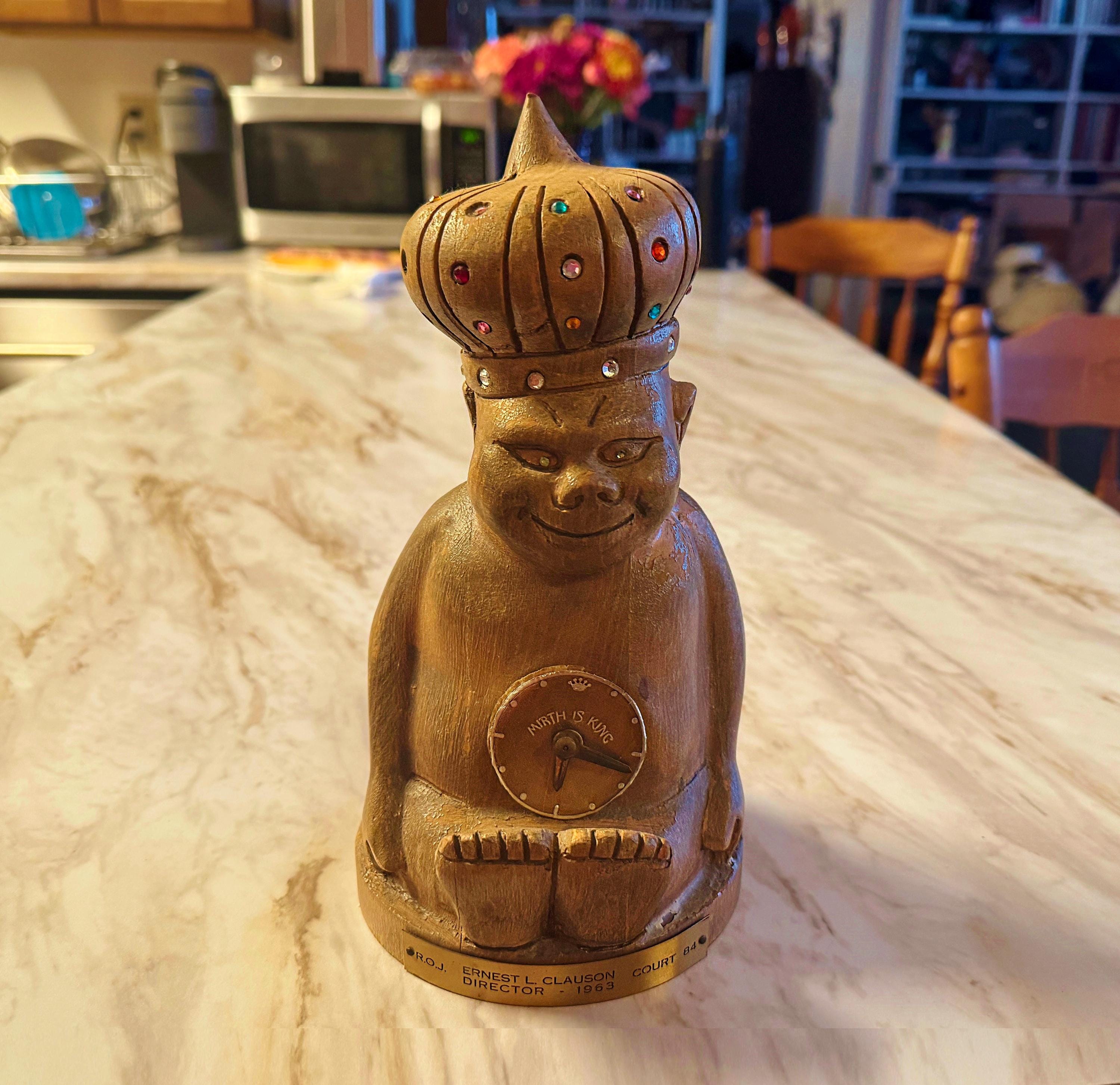 WOOD BILLIKEN CLOCK, Vintage Mirth is King Statue, Shriners Royal