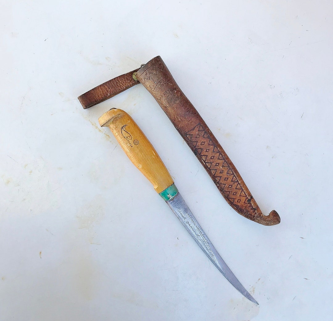 Vintage Marttiini FILLET KNIFE, Tooled Leather Sheath, J. Marttiini