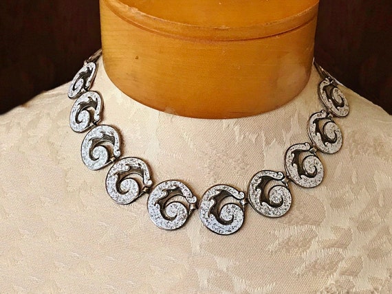 MARGOT De TAXCO Enamel WAVE Necklace, Vintage White Enamel on 