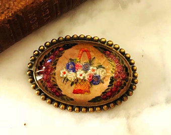 INTAGLIO FLOWER Basket PIN, Antique Brooch, Reverse Painted Glass Pin, Antique Jewelry, Costume Jewelry, C-clasp, Essex Glass Like