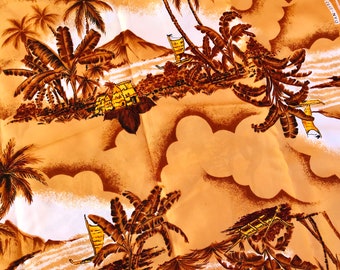 ViNTAGE HAWAIIAN FABRiC, signed DAN-0197, ReMnant of HaWaii material, Palm trees, canoes, outriggers, Grass Shack Fabric, 45" x 75".