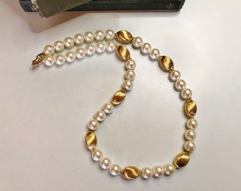 NAPIER PEARL and GOLD BeaD NeCKLACE, Brushed goLd BeADs, 24" LonG NECKlace, VinTaGe CoSTume JeWeLry, Faux PeaRL JEWELry, ShanniLuJewelry