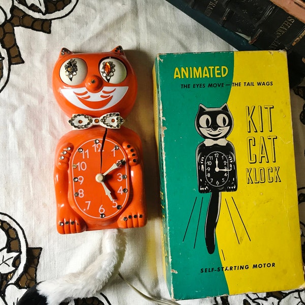 KIT CAT KLOCK, Vintage FeLiX the CaT, Orange Plastic with Crystals, AnimaTed with Eyes that Move, Underwriters Laboratories, Works! W/box