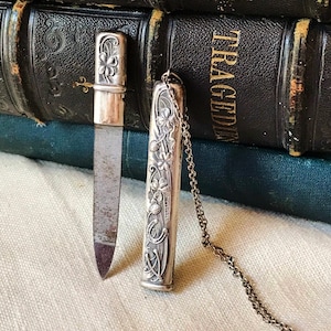 STERLING Chatelaine NAIL FiLE, ANTiQUE ViCTorian JEWELRY, Sheath PenDanT, Good LucK SyMbols, 4 Leaf Clover, HorSeshoe, ThisTLe, wishbone