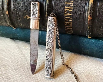 STERLING Chatelaine NAIL FiLE, ANTiQUE ViCTorian JEWELRY, Sheath, PenDanT, Good LucK SyMbols, 4 Leaf Clover, HorSeshoe, ThisTLe, wishbone