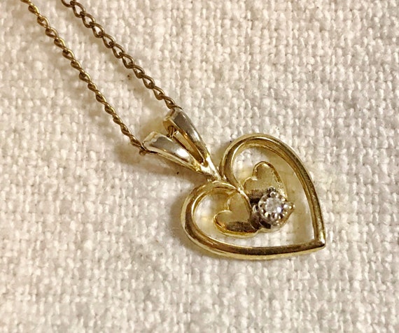 DOUBLE HEART DiAMOND NeCKLACE, ViNtage 14K LGF He… - image 2