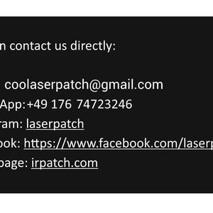 Op de afbeelding: Een zwart-wit afbeelding met tekst die luidt "U kunt direct contact met ons opnemen:" gevolgd door een e-mailadres, telefoonnummer en links naar sociale media-accounts en een website.