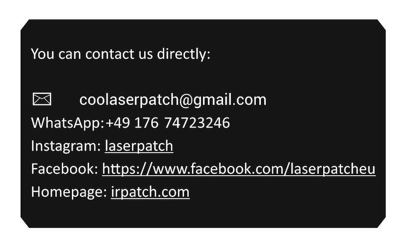 Op de afbeelding: Een zwart-wit afbeelding met tekst die luidt "U kunt direct contact met ons opnemen:" gevolgd door een e-mailadres, telefoonnummer en links naar sociale media-accounts en een website.