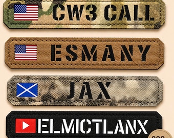 May include: Four rectangular name patches with stitched edges. The top patch is camouflage with the US flag and text CW3 CALL. The second is tan with the US flag and text ESMANY. The third is camouflage with the Scottish flag and text JAX. The bottom is black with a YouTube icon and text ELMICTLANX.