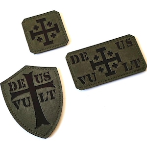 Deus Vult Patch Set – Christian Crusader Tactical Patches – Holy Cross Shield Patch – Medieval Christian Morale Patch Set – Hook Back Patch