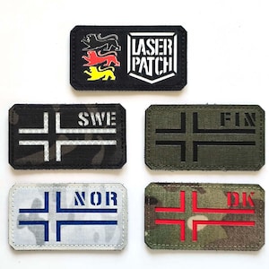 May include: Rectangular patches with country flags and text. The patches include flags for Sweden, Norway, Finland, and Denmark. One patch has the text "LASER PATCH" and a heraldic design with three lions.