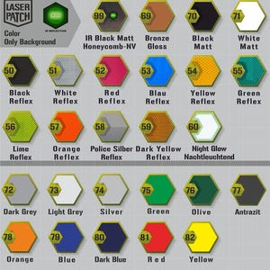 Op de afbeelding: Een tabel met 24 verschillende kleuren reflecterend materiaal, elk met een bijbehorend nummer en beschrijving. De kleuren omvatten zwart, wit, rood, blauw, geel, groen, limoen, oranje, zilver, donkergrijs, lichtgrijs, olijf en antraciet. De tabel is gelabeld met "Laser Patch" en "Alleen achtergrondkleur".