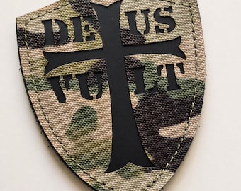 Toppa Deus Vult Croce dei Crociati - Cristogramma Templare Gesù Cristo Toppa tattica morale - Toppa con chiusura a strappo
