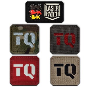 May include: A collection of tactical patches. The top patch is black with a German flag design and the words "LASER PATCH". Below are four square patches with the letters "TQ" in various colors, including camouflage, red, and tan.