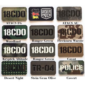 Könnte beinhalten: Ein Set mit 10 verschiedenen Tarnflecken mit dem aufgedruckten Text "18CDO". Die Flecken sind in verschiedenen Tarnmustern, darunter ATACS FG, ATACS AU, Woodland, Ranger Green, Flecktarn Wueste, Kryptek Altitude, Coyot, Desert Night, Stein Grau Olive und Covert.