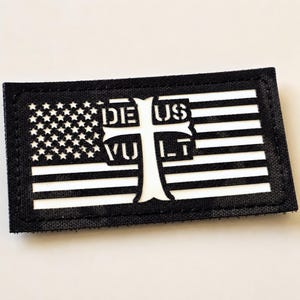 Christian Tactical Patch, Deus Vult USA Flag Patch, Glow in the Dark Cross Morale Patch, Hook Backing, 3.5x2 in
