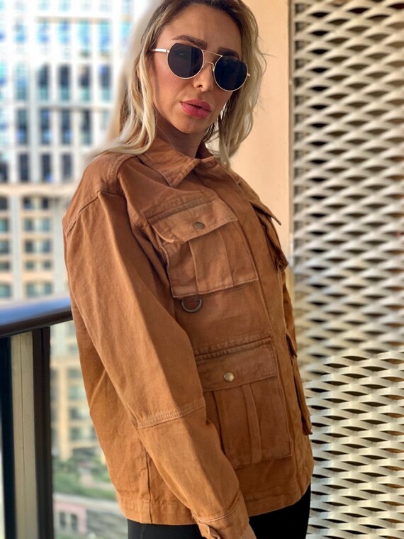 brown denim fur jacket