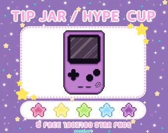 Cute Pixel Art Gameboy Tip Jar / Hype Cup || PURPLE // Free kawaii Star icons included