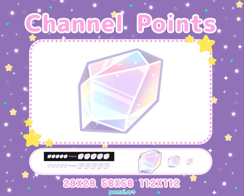May include: A set of three iridescent crystal-like channel points in different sizes. The largest is 112x112 pixels, the middle is 56x56 pixels, and the smallest is 28x28 pixels. The image also includes a row of smaller, pixelated versions of the channel points.