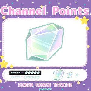 Könnte beinhalten: Ein funkelnder, schimmernder, hellblauer Kristall mit einem weißen Umriss. Der Kristall ist von einem weißen Rahmen mit rosa Rand und einem gepunkteten Muster umgeben. Der Text "Channel Points" ist in rosa Buchstaben über dem Rahmen geschrieben. Der Text "28x28, 56x56, 112x112" ist unter dem Rahmen geschrieben. Der Text "pomzi.art" ist unter den Zahlen geschrieben.