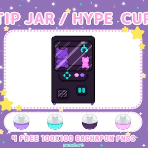 Puede incluir: Una ilustración de arte de píxeles de una máquina gachapon de tipo "tip jar" o "hype cup" con un fondo morado y estrellas. La máquina tiene un exterior negro con una ventana transparente que muestra un juguete de peluche morado y rosa. El texto "TIP JAR / HYPE CUP" está en la parte superior de la imagen. Debajo de la máquina hay cuatro bolas gachapon de 100x100 píxeles con diferentes colores y juguetes de peluche en su interior. El texto "4 FREE 100X100 GACHAPON PNGS" está debajo de las bolas.