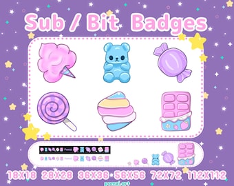 Kawaii Candy Sub / Bit Badges / Emotes for Twitch, Kick, Discord, Youtube. Cute Pastel colors!