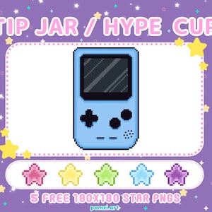 May include: A blue pixel art game console with a black screen and a white frame. The console has a cross-shaped button, two round buttons, and a small rectangle button. The text "TIP JAR / HYPE CUP" is at the top of the image. Five pixel art stars in different colors are at the bottom of the image. The text "5 FREE 180x180 STAR PNGS" is below the stars.