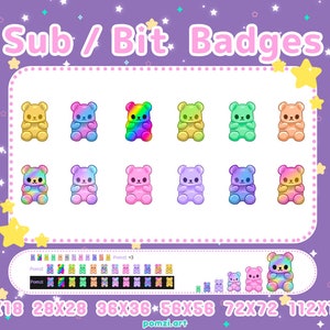 Puede incluir: Un conjunto de nueve insignias con forma de osito de goma con un diseño degradado de arcoíris. Las insignias son de diferentes tamaños, que van desde 18x18 píxeles hasta 112x112 píxeles. El texto "Sub / Bit Badges" está en la parte superior de la imagen.