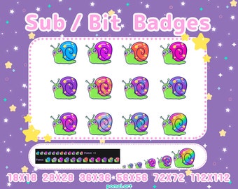 Kawaii Snail (Snalien) Sub/Bit Badges - Twitch - Discord // Bright, Neon, and Rainbow!