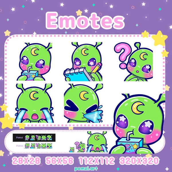 Kawaii Chibi Alien Emotes part 4: for Twitch, Discord, Youtube, Kick, Streaming. 5 cute alien twitch emotes!