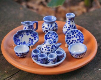 Hand painted 14 Pieces Ceramic Tea Pot Miniature Set, Tea Pot Miniature Set, Tea Pot Porcelain Miniature Set, Oriental Style Tea Set