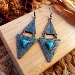 Geometric Verdigris Patina Earrings | Triangle Earrings | Vintage Style Earrings | Bohemian Earrings | Antique Style Earrings