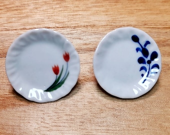 Set of 2 Miniature Hand Painted Ceramic Plates | Miniature Porcelain Plates | Handmade Miniature Plates | Dollhouse Kitchenware