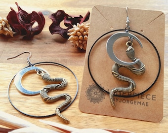 Dangling Brass Snake and  Moon Earrings | Snake Charm Earrings | Black Snake Earrings | Poison Snake Charm Earrings | Clip on Earrings |