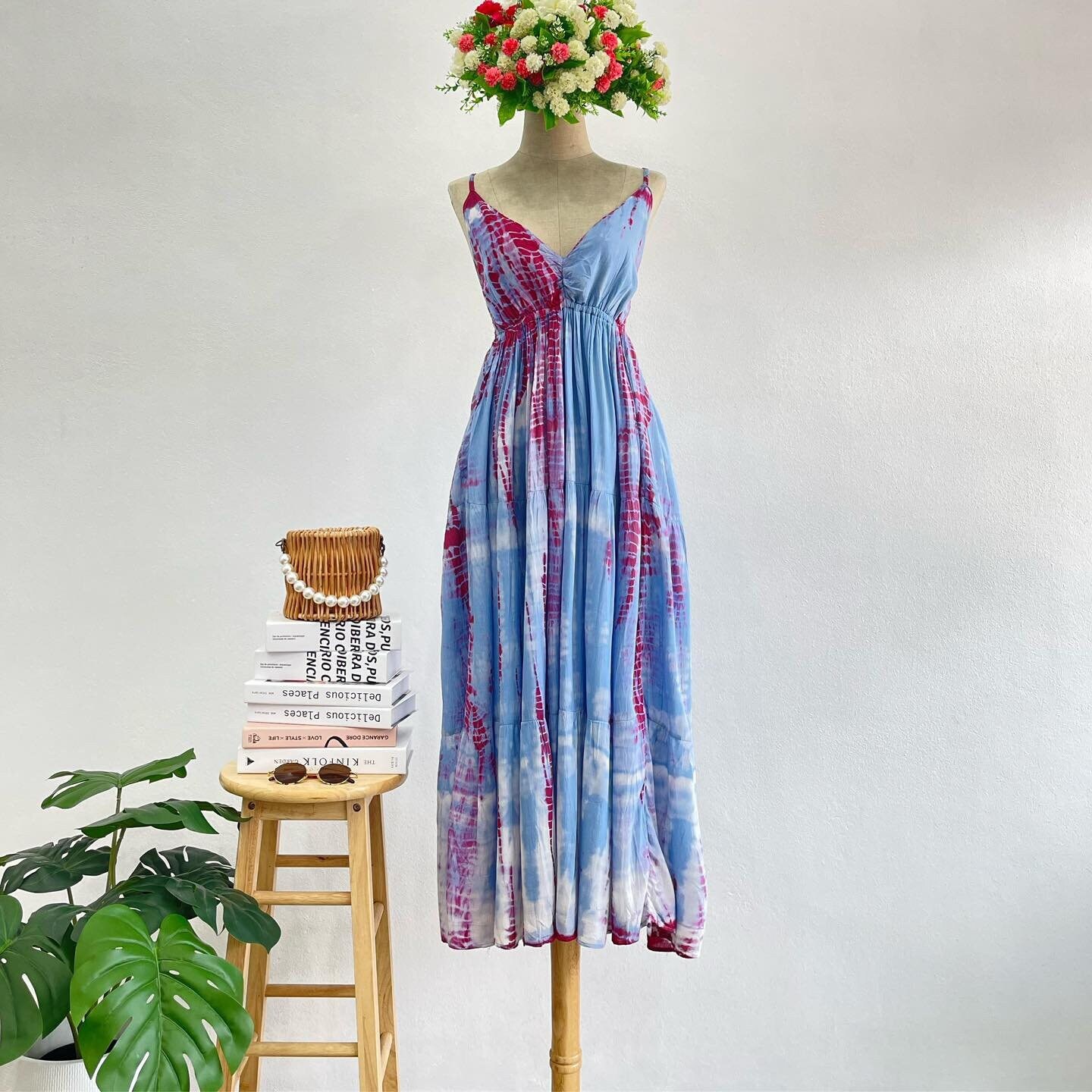 Blue Tie Dye Maxi Dress, Fucshia Beach Slip Dress, Summer Dress, Boho Dress,  Hippy Shibori Dress, Open Back Dress, Blue and Pink Long Dress - Etsy Israel