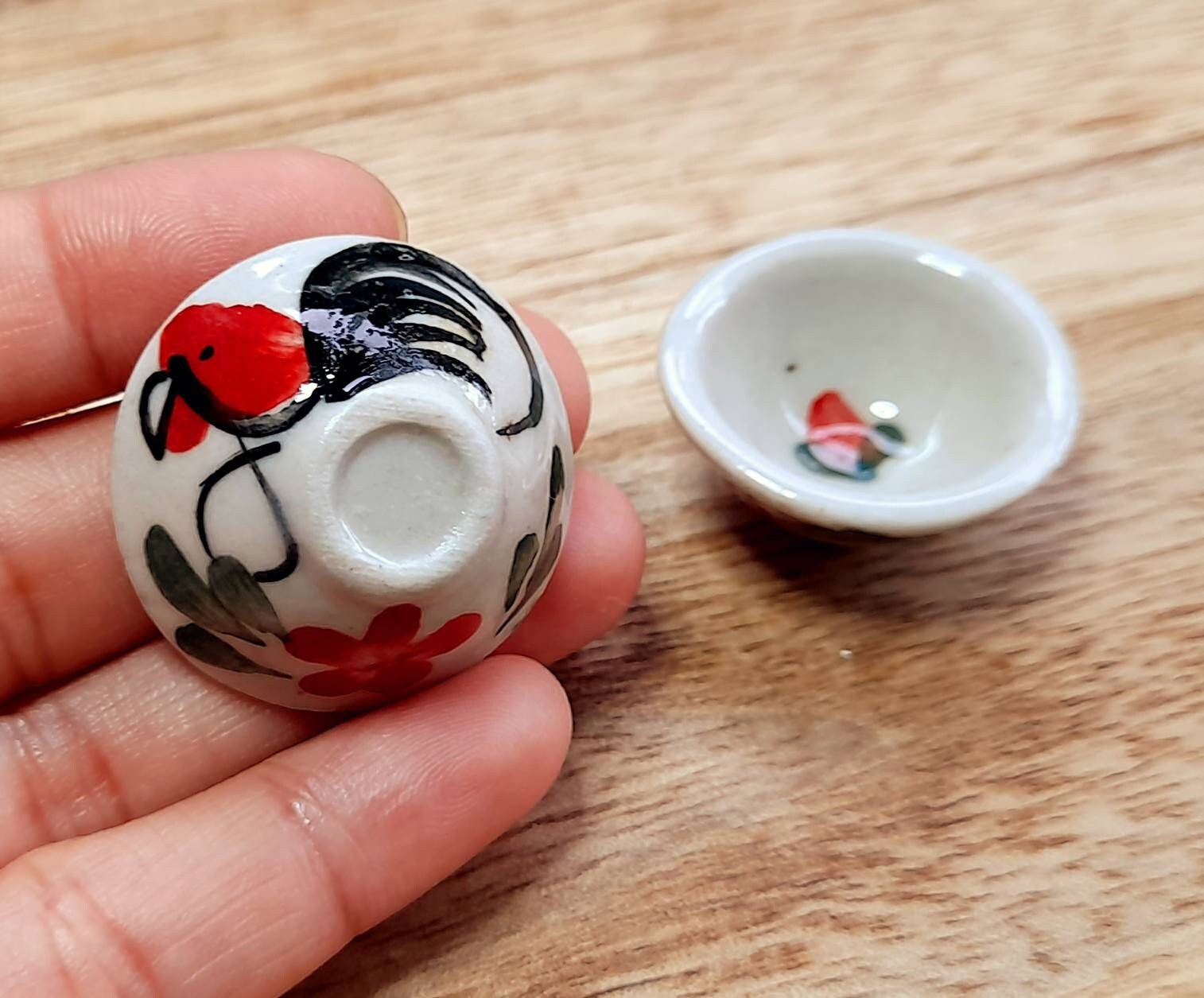Set of 2 Miniature Rooster Bowls | Oriental Style Miniature Chicken Bowls | Dollhouse Kitchenware | Handmade Miniature Ceramic Bowls
