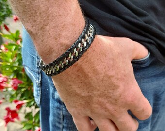 Pulsera de cadena y cuero / Pulsera de brazalete / Pulsera de hombre / Pulsera de metal
