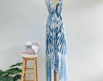 Flamingo Natural Tie Dye Maxi Dress, Beach Dress, Summer Dress, Boho Dress, Hippy Shibori Dress, Open Back Dress, Indigo Boho Long Dress