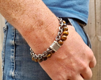 Tiger Eye and Stainless Steel Chain Bracelet | Stainless Steel Bracelet | Lucky Charm Bracelet | Link Chain Bracelet | Metal Bracelet