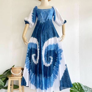 Bubble Sleeve Natural Tie Dye Maxi Dress, Beach Dress, Summer Dress, Boho Puff Sleeves Dress, Hippy Shibori Dress, Indigo Boho Long Dress