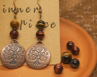 Pendientes de Ojo de Tigre, Pendientes Colgantes de Ojo de Tigre y Árbol, Pendientes Hechos a Mano, Pendientes Boho
