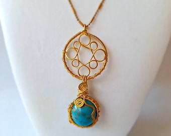 Turquoise Gemstone Pendant Brass Wire Wrapped Necklace, Wire Necklace, Healing Turquoise Necklace, Wire Jewelry, Wire Wrapping Necklace