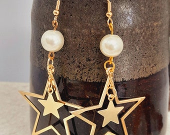 Star and Pearl Earring | Astronomy Earrings |  Celestial Earrings | Charm Earrings | Non Pierced Earring | Hypoallergenic  Earrings