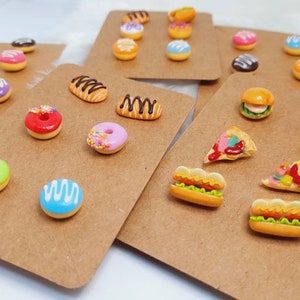 Miniature food earrings, Hotdog earrings, Clay earrings, Party earrings, Pastry earrings, Donuts earrings, Sandwiches and Burger earrings,