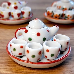 Miniature Ceramic Tea Set | Polka Dot Miniature Tea Set |  1:12 Miniature Hand Painted Tea Set