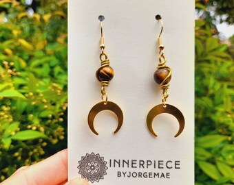 Pendientes de latón Crescent Moon, Pendientes Celestiales Hipoalergénicos, Minimal, Pendientes de Ojo de Tigre, Pendientes Colgantes, Pendientes crescent Moon
