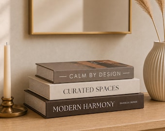 May include: A stack of three rectangular decorative books with hard covers. The top book is dark brown with the text "CALM BY DESIGN". The middle book is off-white with the text "CURATED SPACES". The bottom book is dark brown with the text "MODERN HARMONY" and "DANIELLE BUNNE".