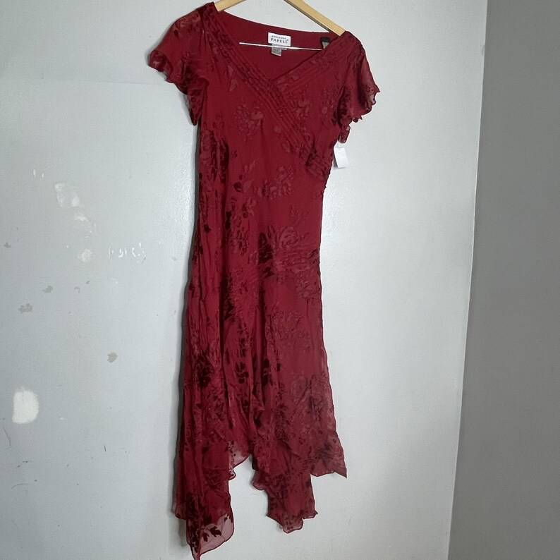 Vintage 90s Adrianna Papell Red Silk Floral Asymmetrical Dress Size 8 image 2