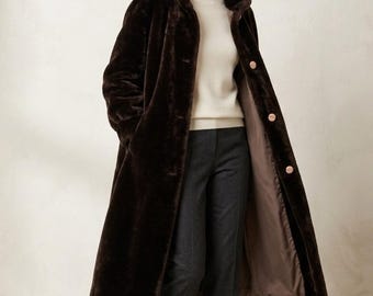 Vintage Orvis Reversible Faux Fur Coat Women's Large Brown Tan Long Boho Mod